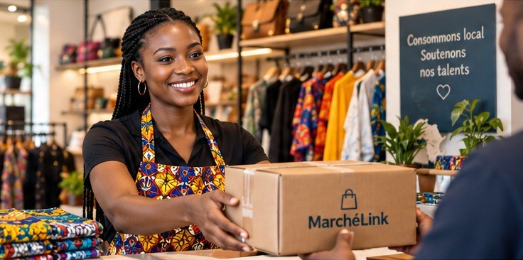 Une vendeuse remet un colis MarchéLink à un client dans sa boutique de pagnes